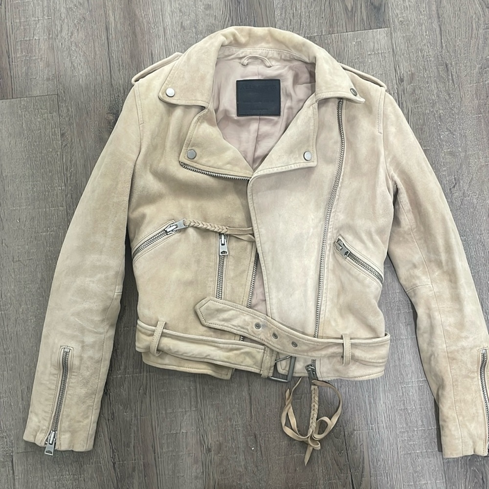 All Saints EUC Beige Camel Goat Leather US 4 Suede Moto Jacket Zip Up